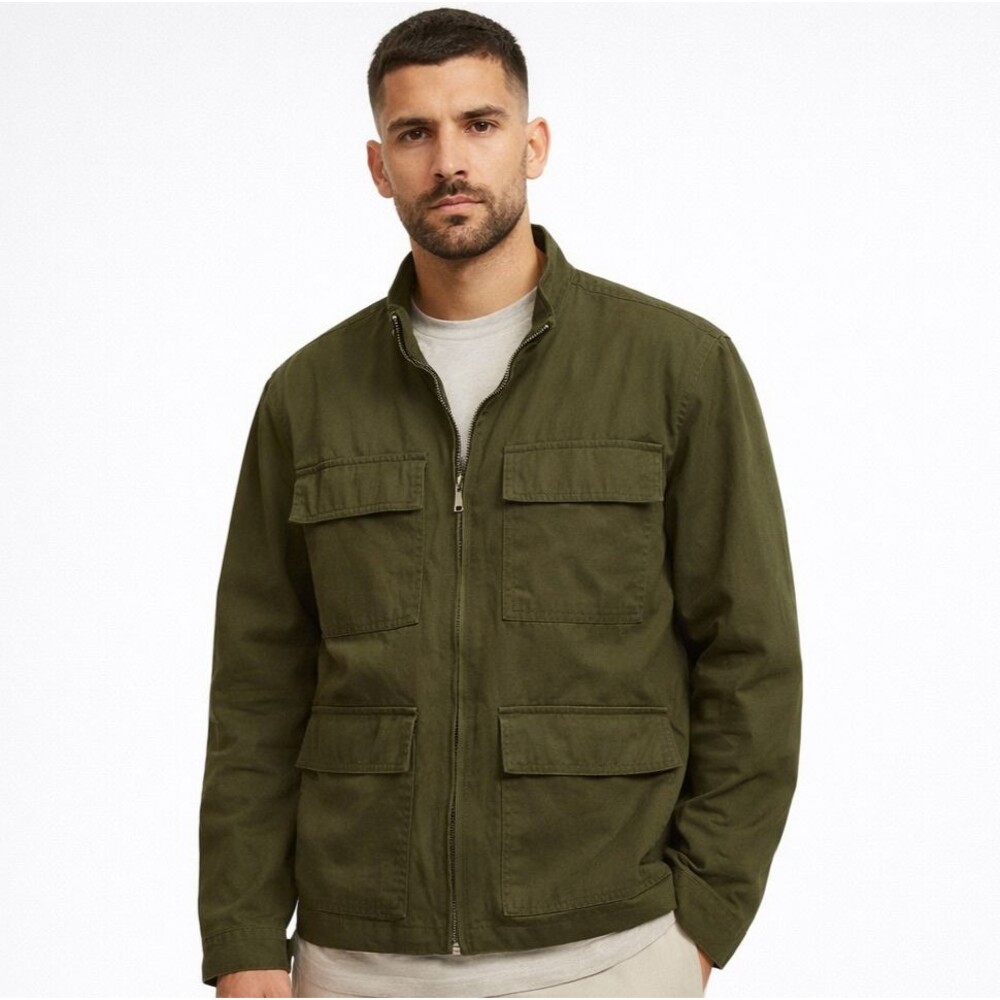 Zara Utility Field Jacket Mens Sz S Olive Green 100% Cotton Miltary Cargo Pocket